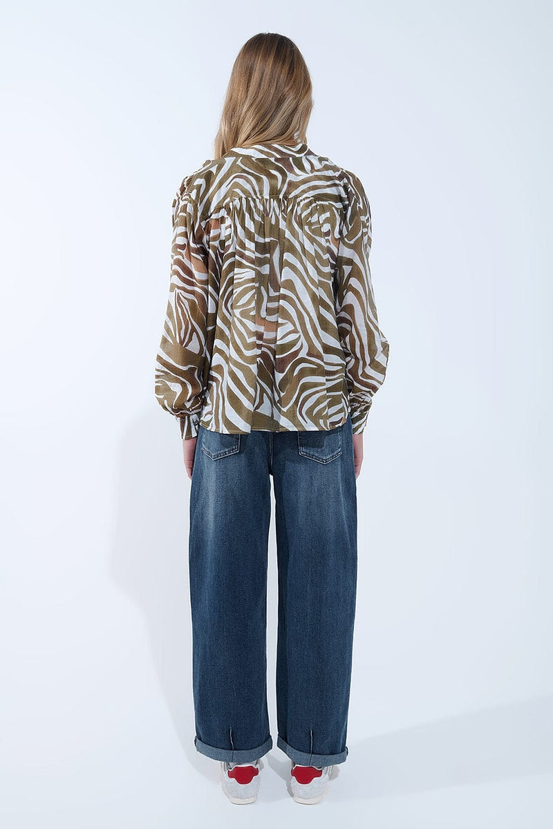 Q2 Blouses Khaki Zebra Print Flowy Chiffon Blouse