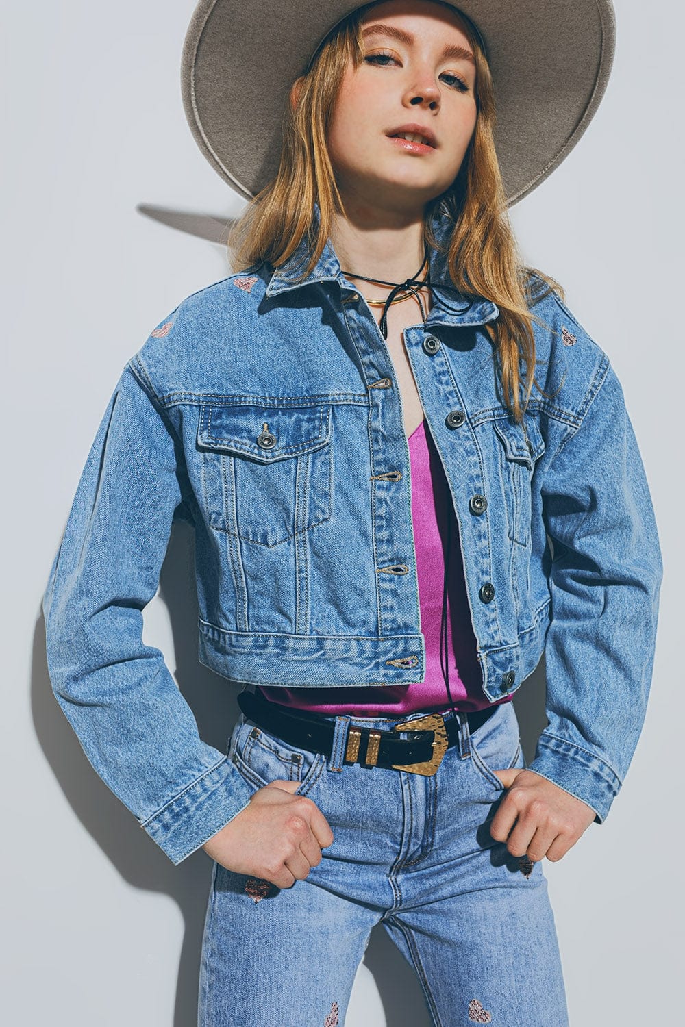 Q2 Coats and Jackets Cropped Denim Jacket With Embellished Hearts in Mid Wash