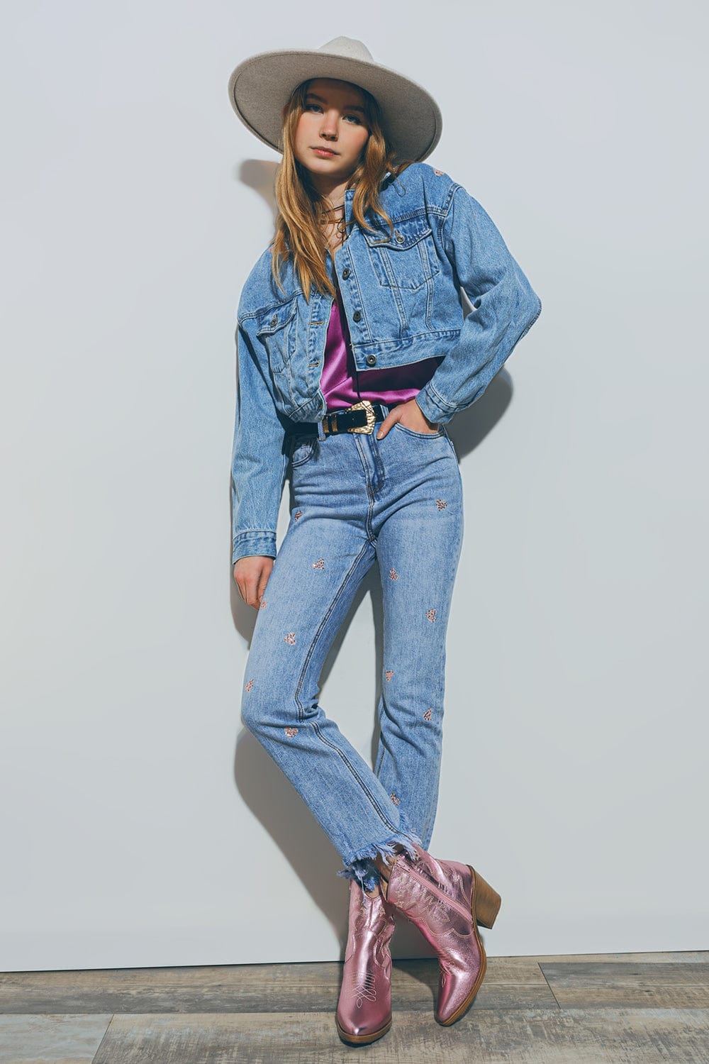 Q2 Coats and Jackets Cropped Denim Jacket With Embellished Hearts in Mid Wash