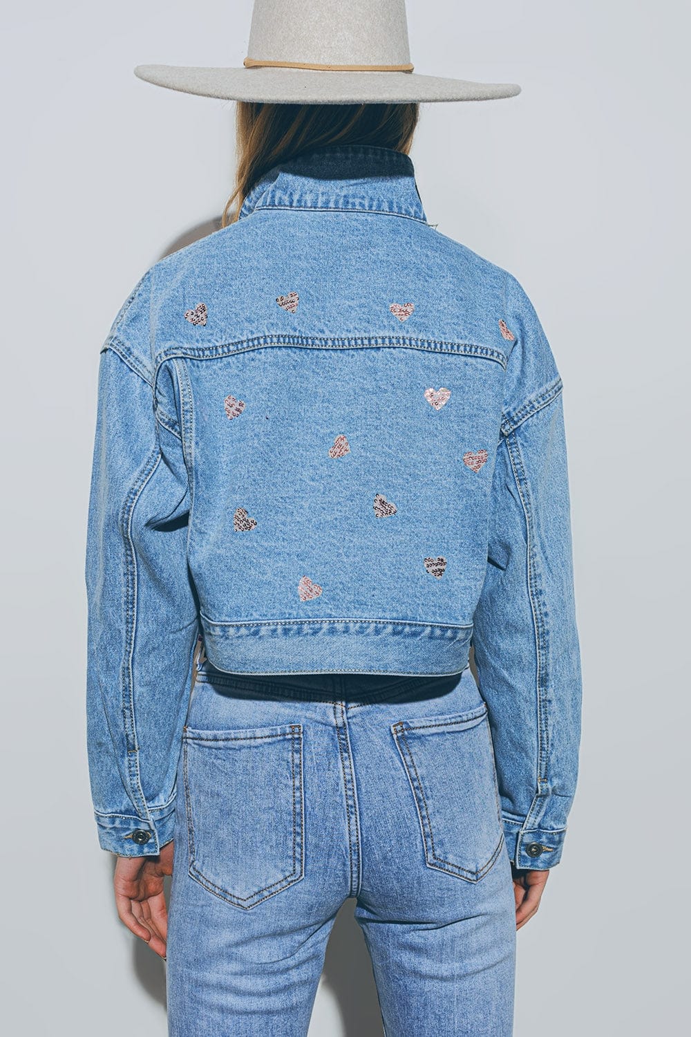 Q2 Coats and Jackets Cropped Denim Jacket With Embellished Hearts in Mid Wash
