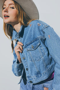 Q2 Coats and Jackets Cropped Denim Jacket With Embellished Hearts in Mid Wash