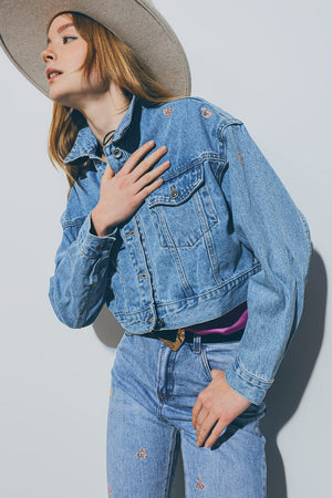 Q2 Coats and Jackets Cropped Denim Jacket With Embellished Hearts in Mid Wash