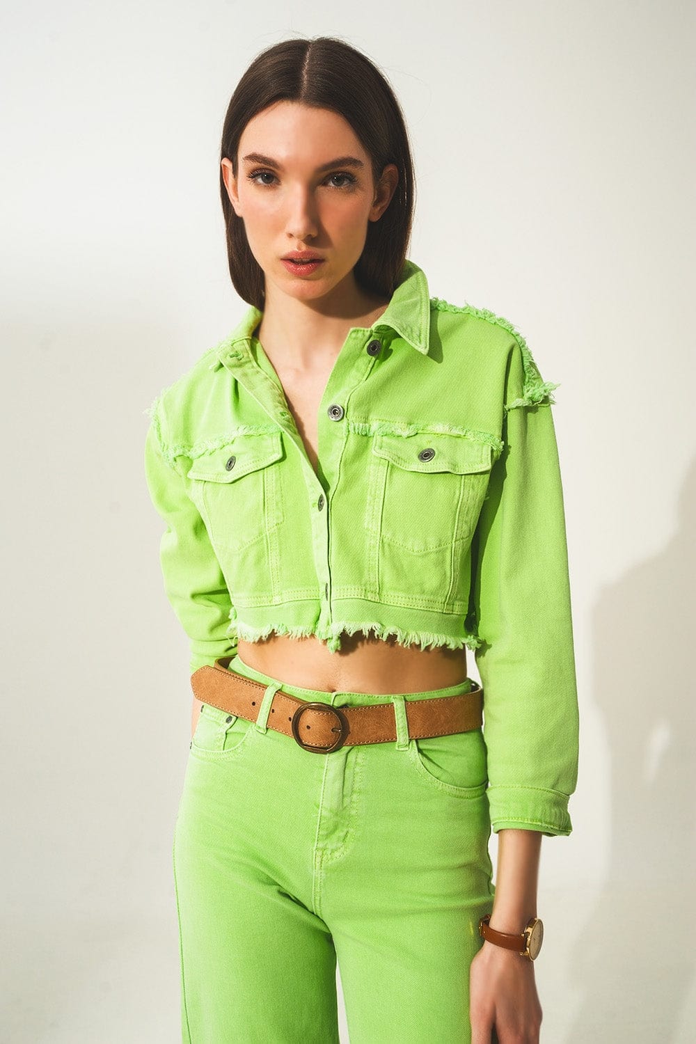 Q2 Coats and Jackets Cropped denim trucker jacket in acid green