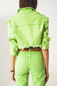 Q2 Coats and Jackets Cropped denim trucker jacket in acid green