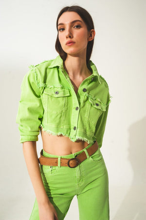 Q2 Coats and Jackets Cropped denim trucker jacket in acid green