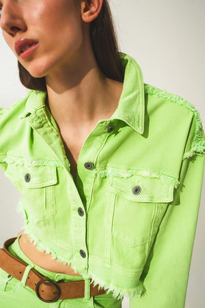 Q2 Coats and Jackets Cropped denim trucker jacket in acid green