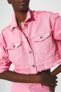 Q2 Coats and Jackets Cropped denim trucker jacket in pink