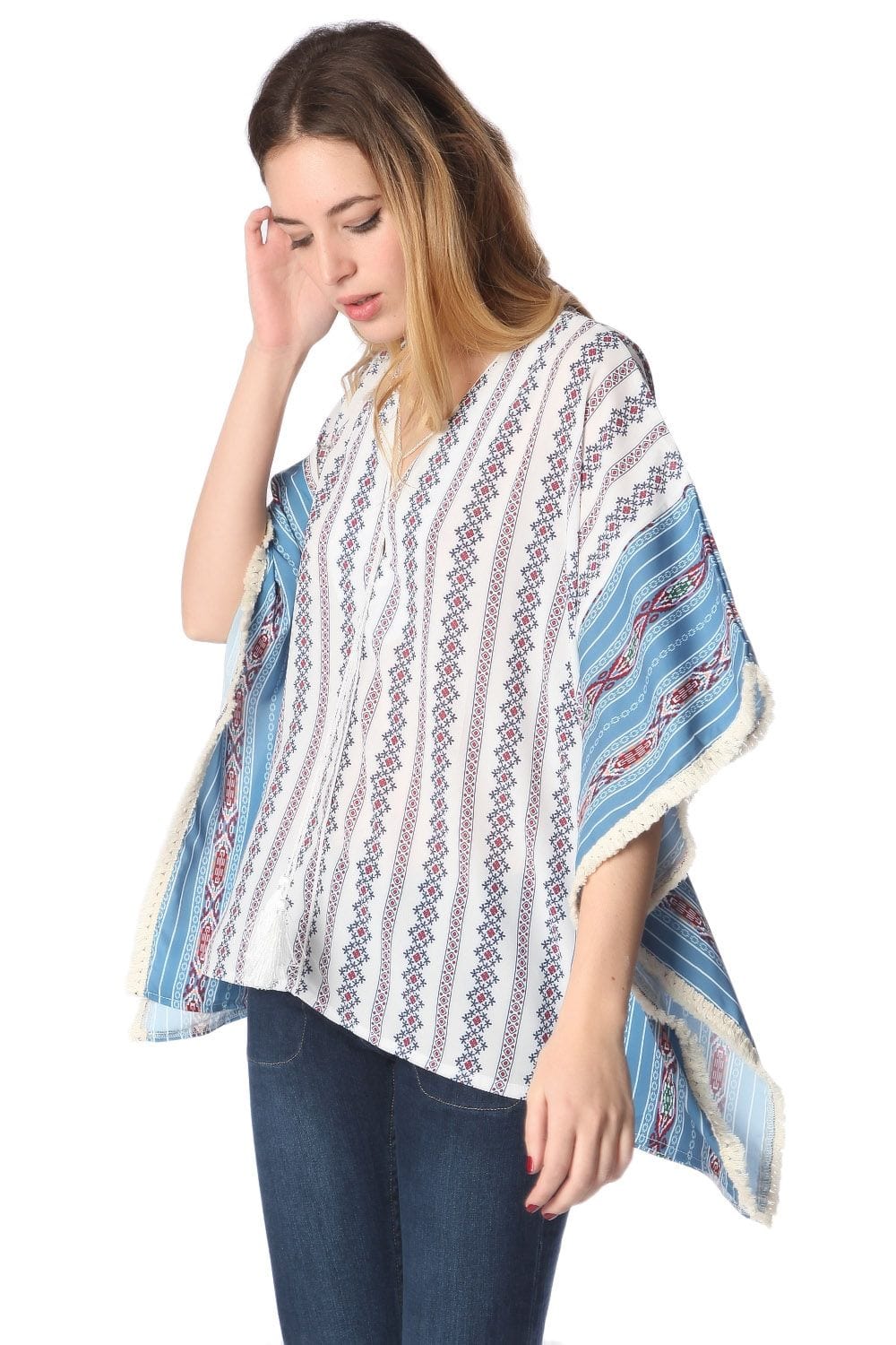 Q2 Coats and Jackets One Size / Blue / China Blue oversized poncho top in tribe print