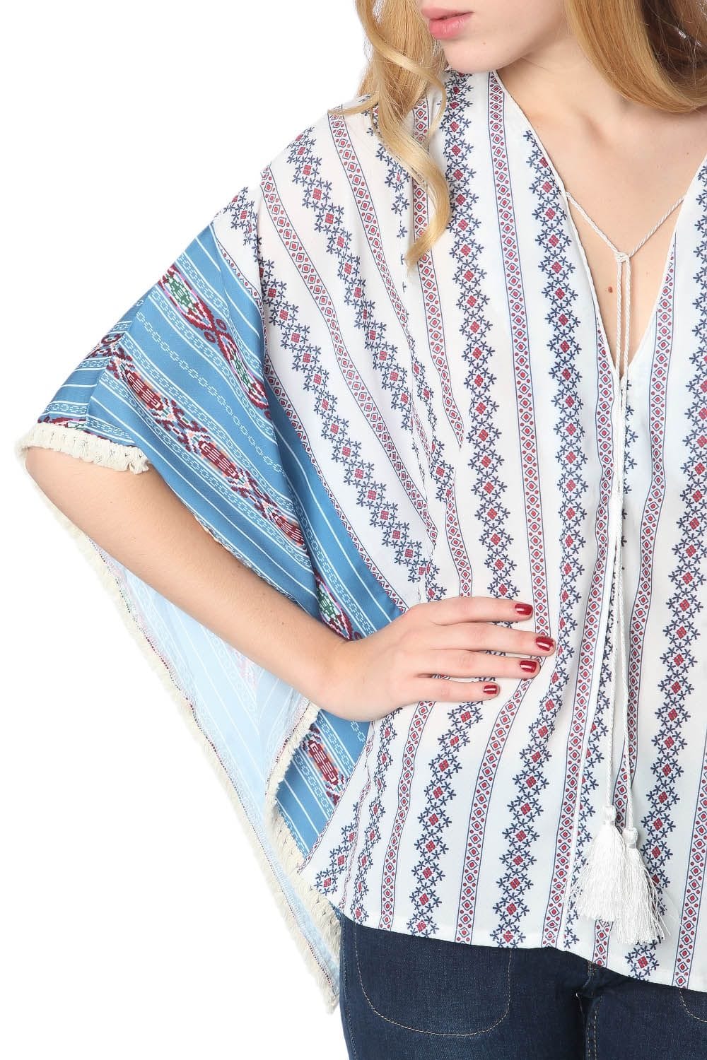 Q2 Coats and Jackets One Size / Blue / China Blue oversized poncho top in tribe print