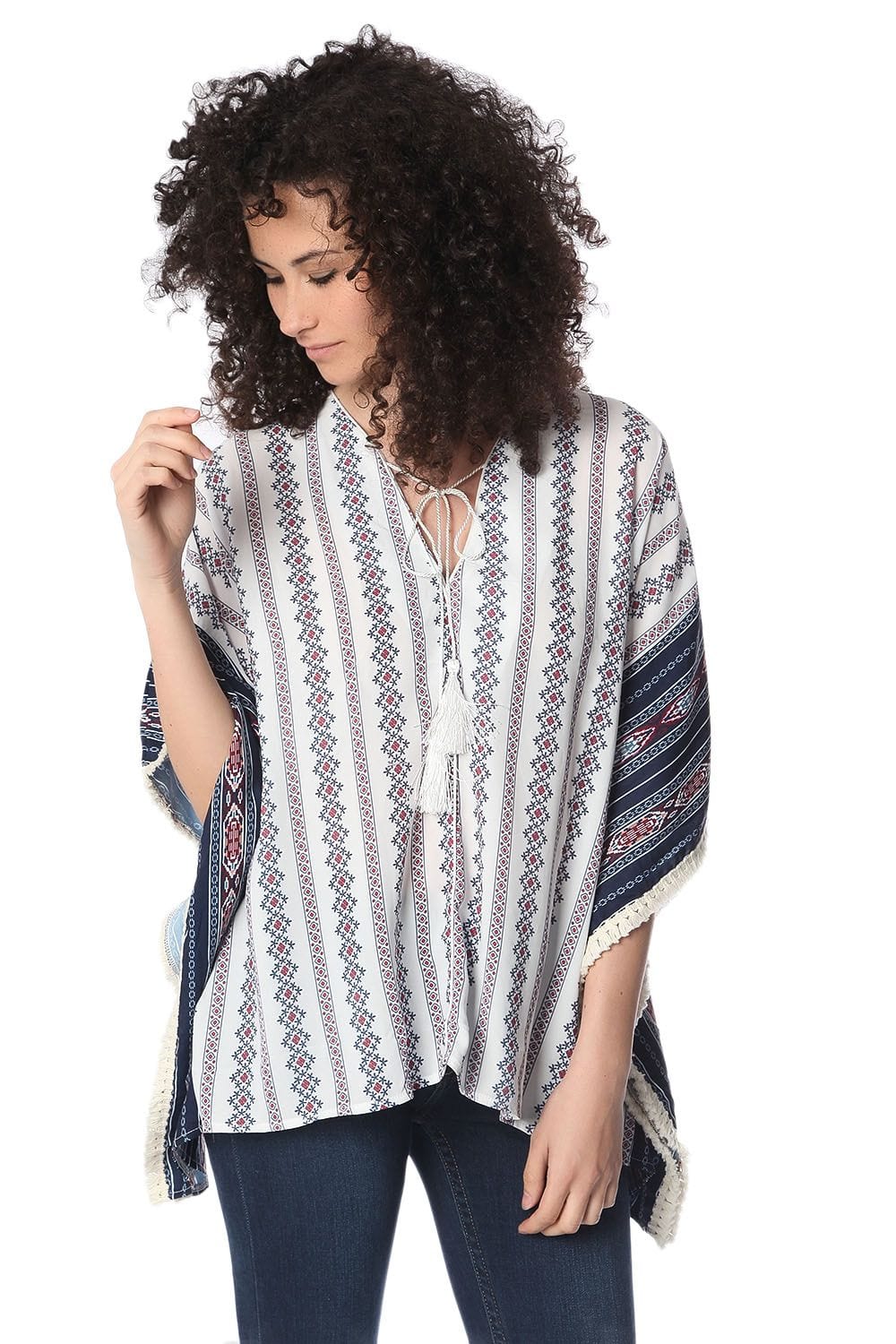 Q2 Coats and Jackets One Size / Blue / China Navy oversized poncho top in tribe print