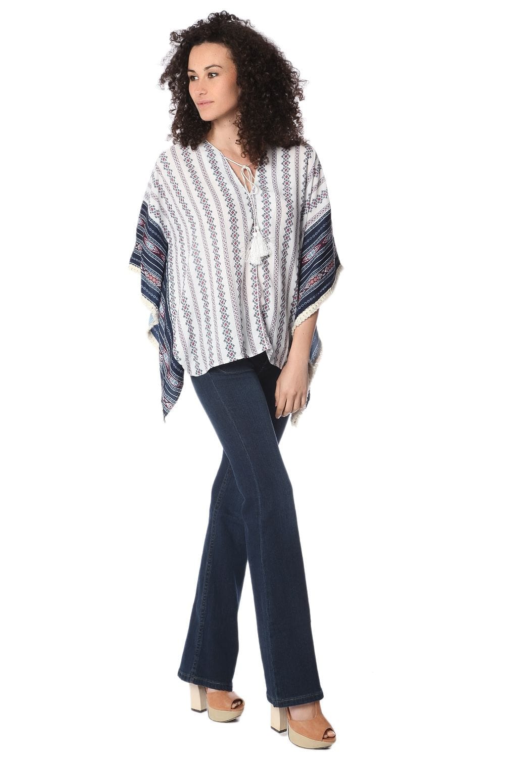 Q2 Coats and Jackets One Size / Blue / China Navy oversized poncho top in tribe print