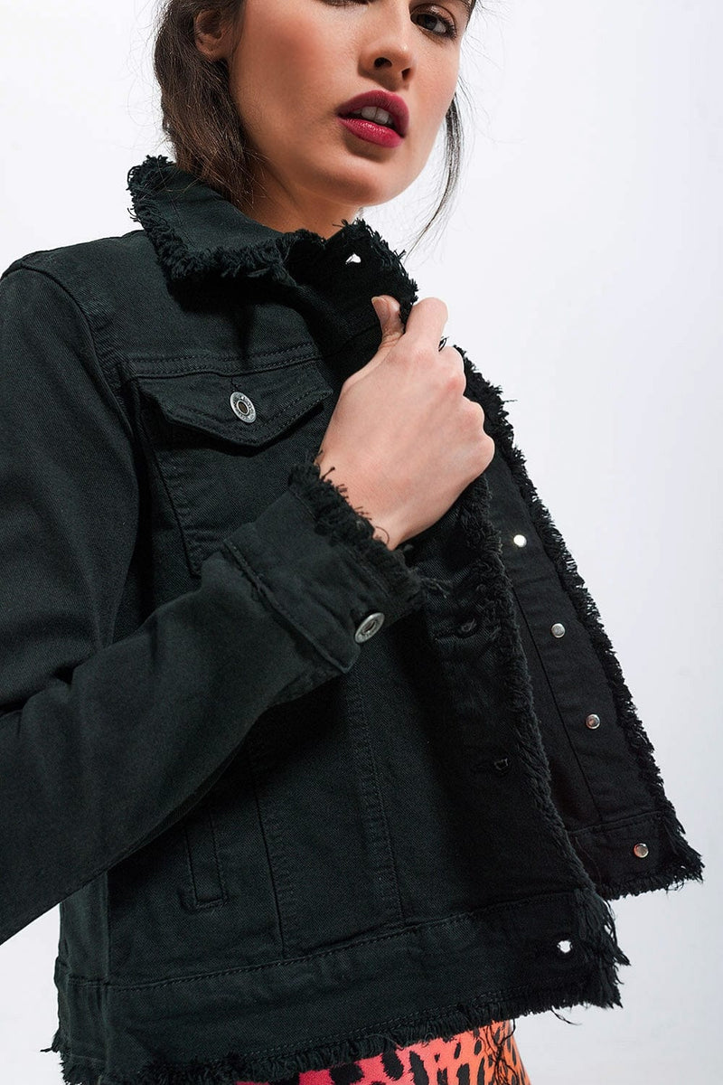 Q2 Coats and Jackets Raw edge black denim jacket