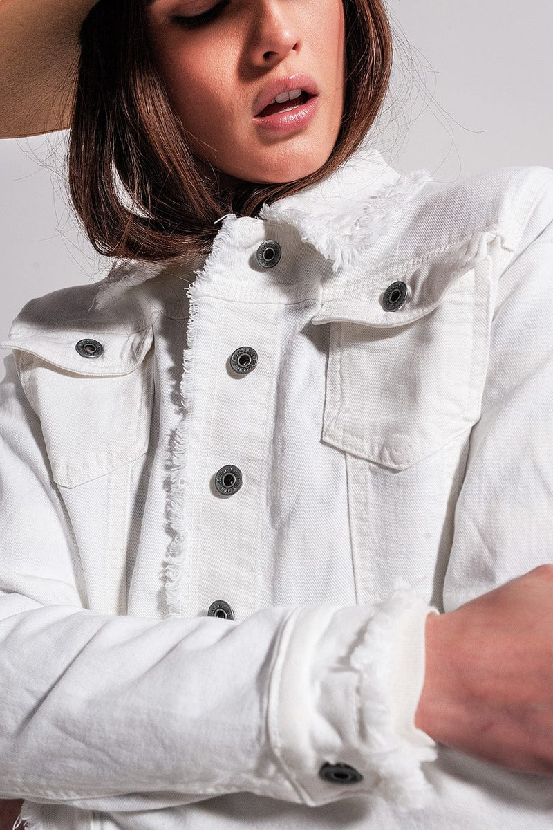 Q2 Coats and Jackets Raw edge denim jacket in white