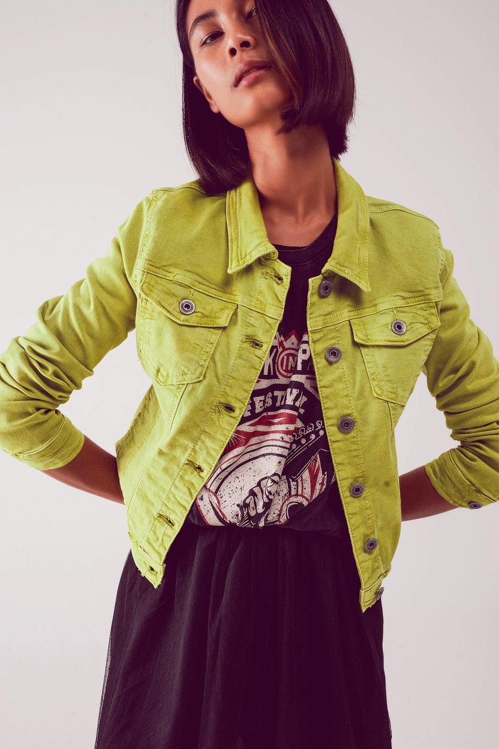 Q2 Coats and Jackets Slim denim trucker jacket in acid lime