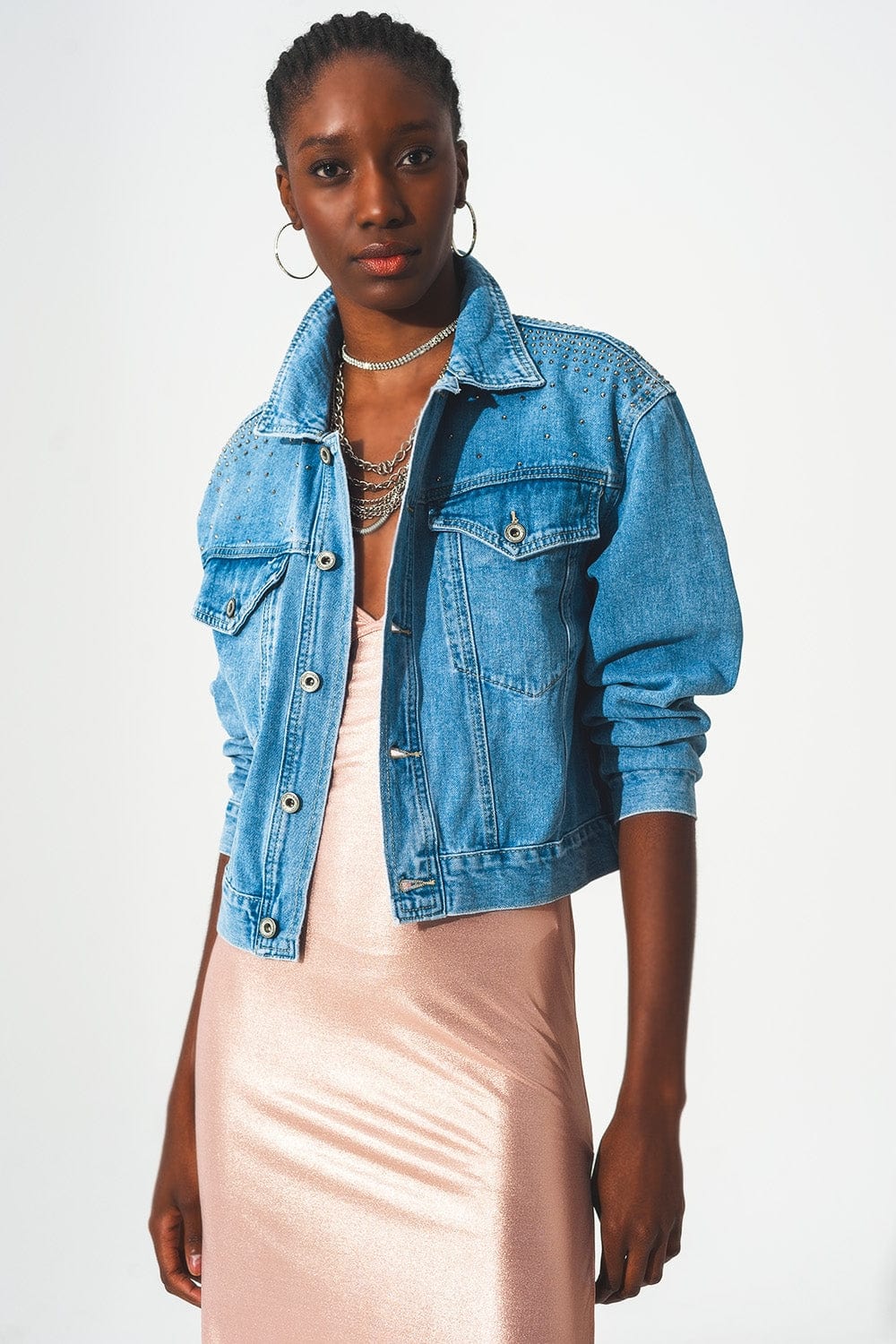 Q2 Coats and Jackets Studded denim jacket in blue