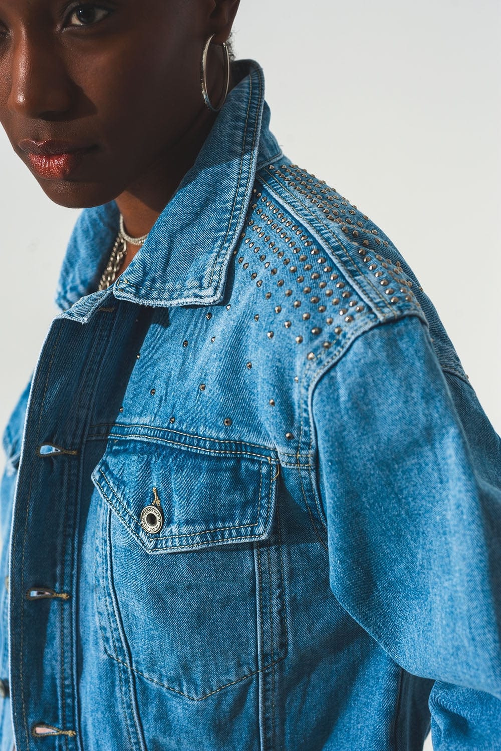 Q2 Coats and Jackets Studded denim jacket in blue