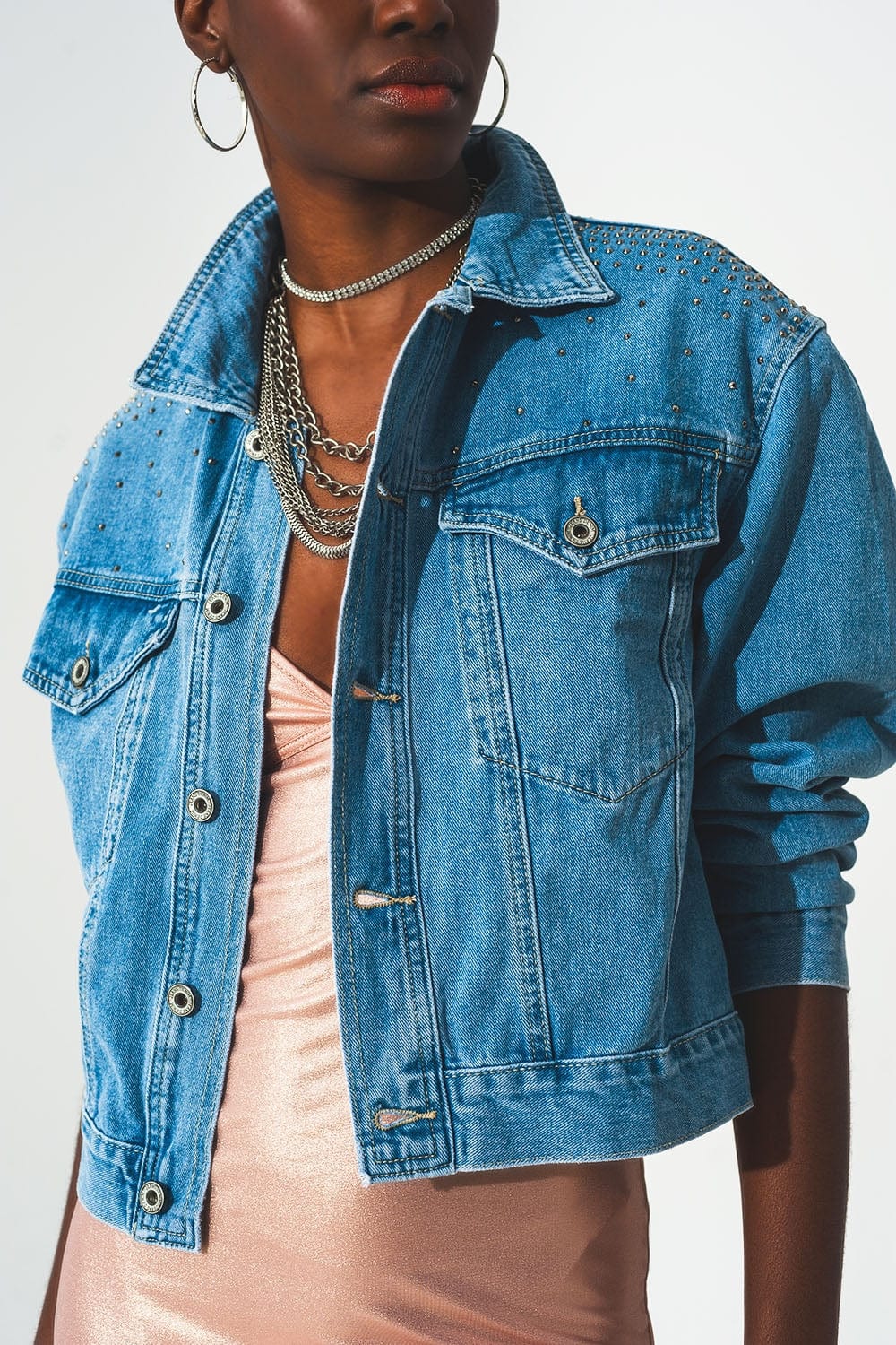 Q2 Coats and Jackets Studded denim jacket in blue