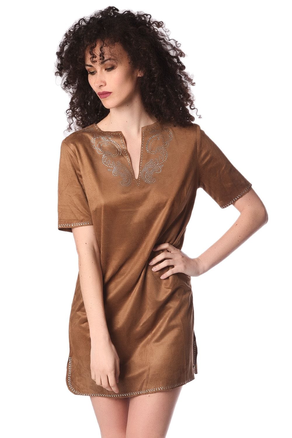 Q2 Dresses Beige suede 3/4 sleeve dress with embellished detail