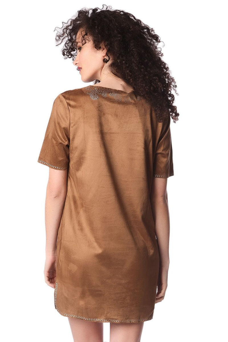 Q2 Dresses Beige suede 3/4 sleeve dress with embellished detail