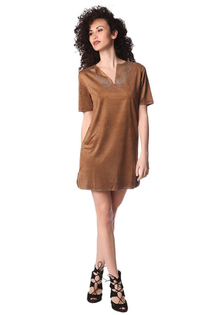 Q2 Dresses Beige suede 3/4 sleeve dress with embellished detail