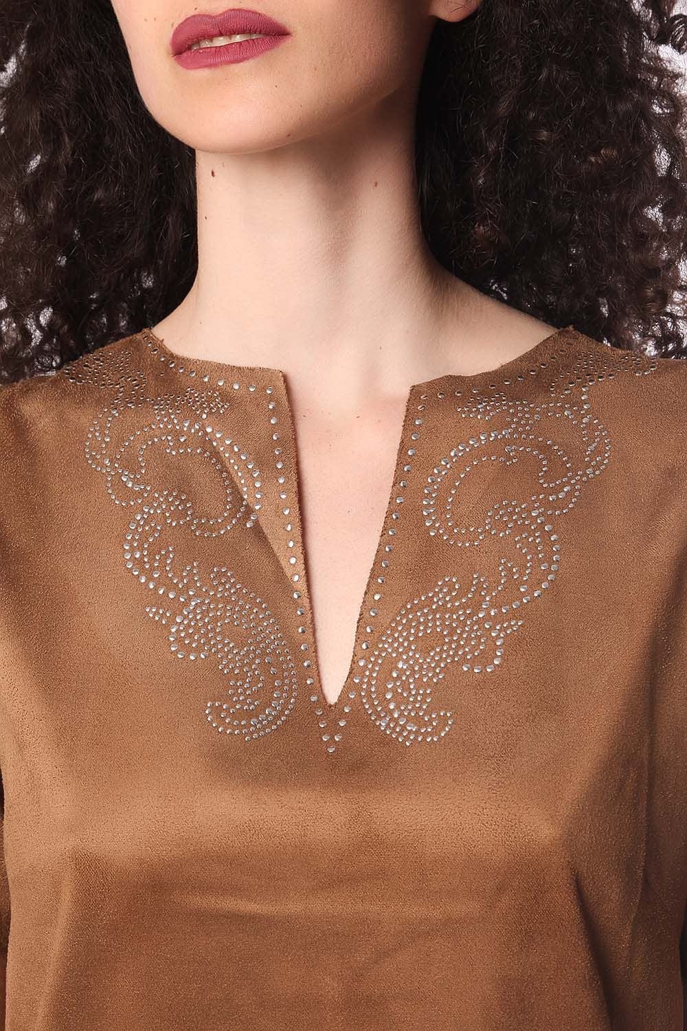 Q2 Dresses Beige suede 3/4 sleeve dress with embellished detail