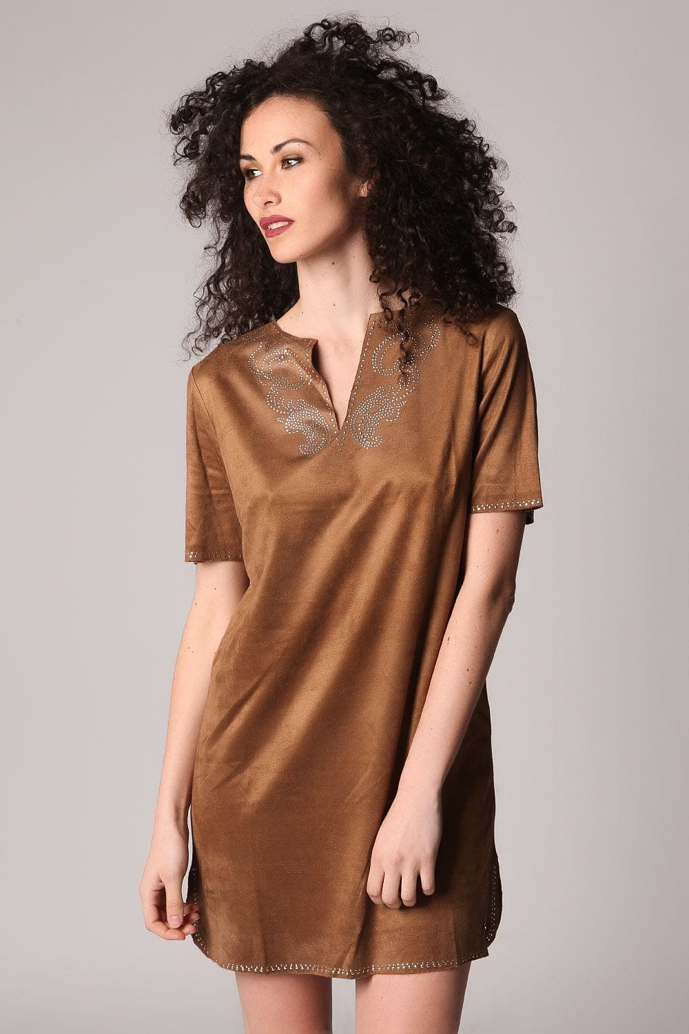 Q2 Dresses Beige suede 3/4 sleeve dress with embellished detail