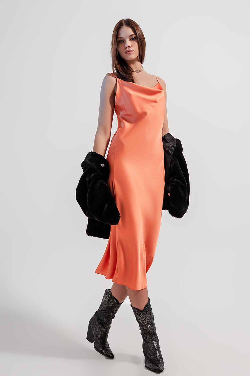 Q2 Dresses Cami midi slip dress in high shine satin in orange