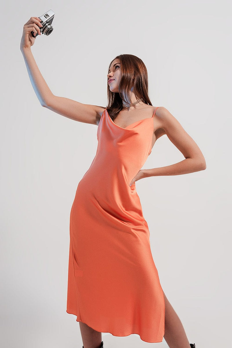 Q2 Dresses Cami midi slip dress in high shine satin in orange