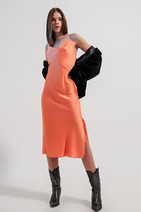 Q2 Dresses Cami midi slip dress in high shine satin in orange