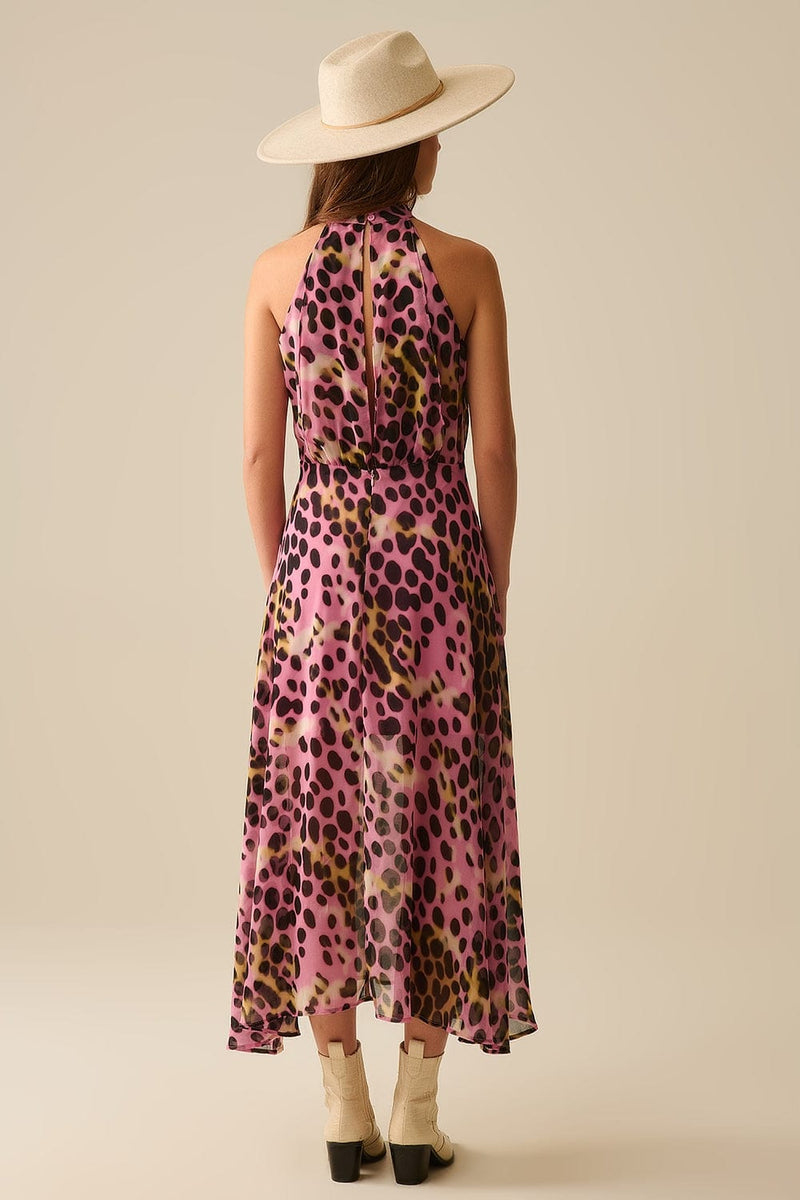 Q2 Dresses Crossed Halter Neck Midi Dress In Pink And Black Animal Print