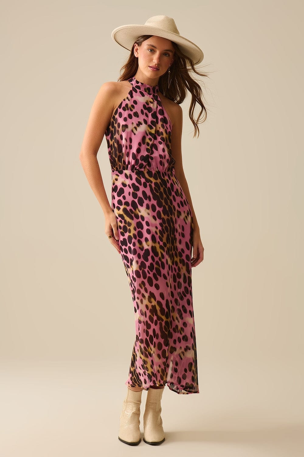 Q2 Dresses Crossed Halter Neck Midi Dress In Pink And Black Animal Print