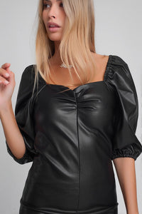 Q2 Dresses Faux leather mini dress with puff sleeves in black