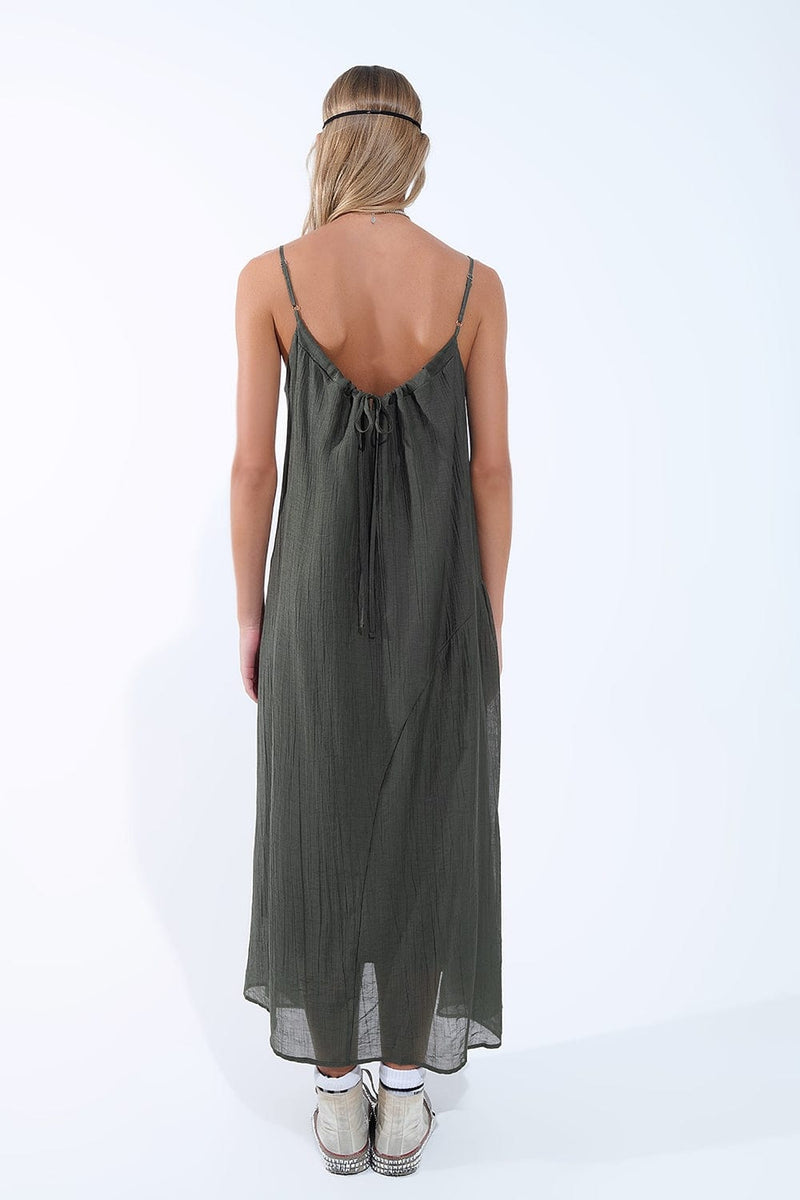 Q2 Dresses Khaki Midi Dress With Thin Straps And Crinkled Detail