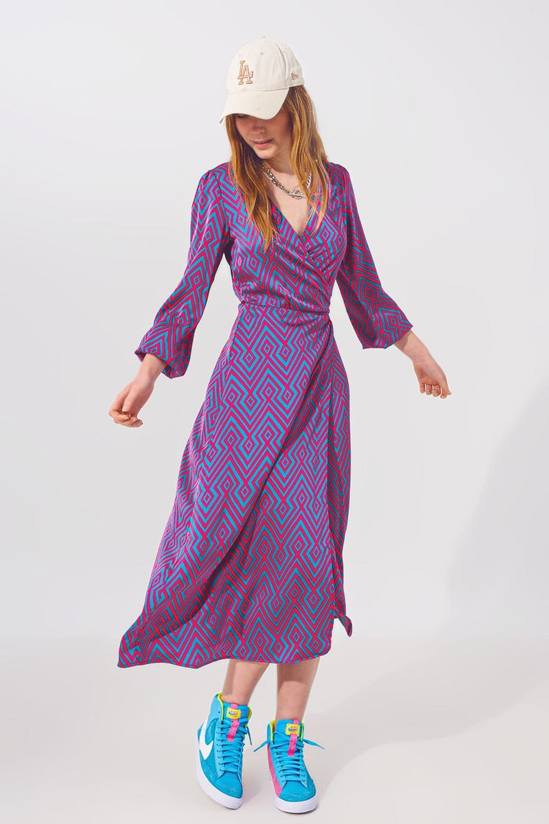 Q2 Dresses Long Sleeve Maxi Wrap Dress in Geo Print