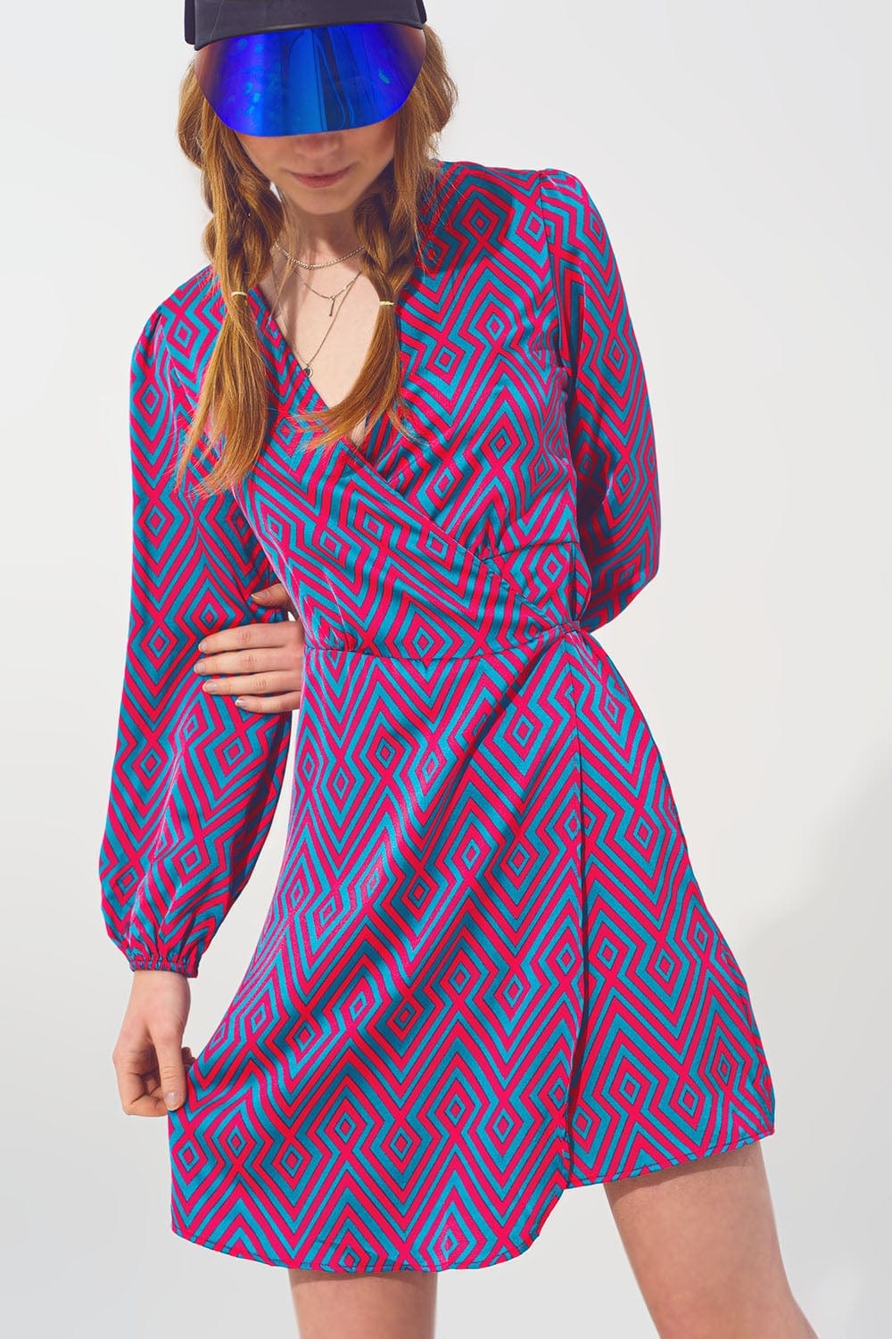 Q2 Dresses Mini V Neck Wrap Dress with Geometric Print
