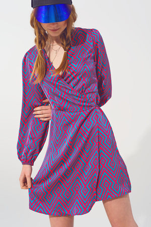 Q2 Dresses Mini V Neck Wrap Dress with Geometric Print