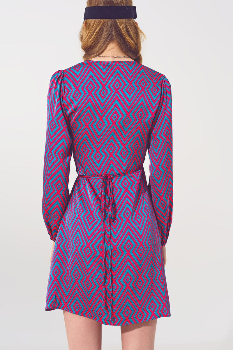 Q2 Dresses Mini V Neck Wrap Dress with Geometric Print