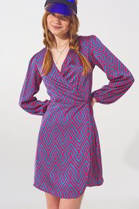 Q2 Dresses Mini V Neck Wrap Dress with Geometric Print