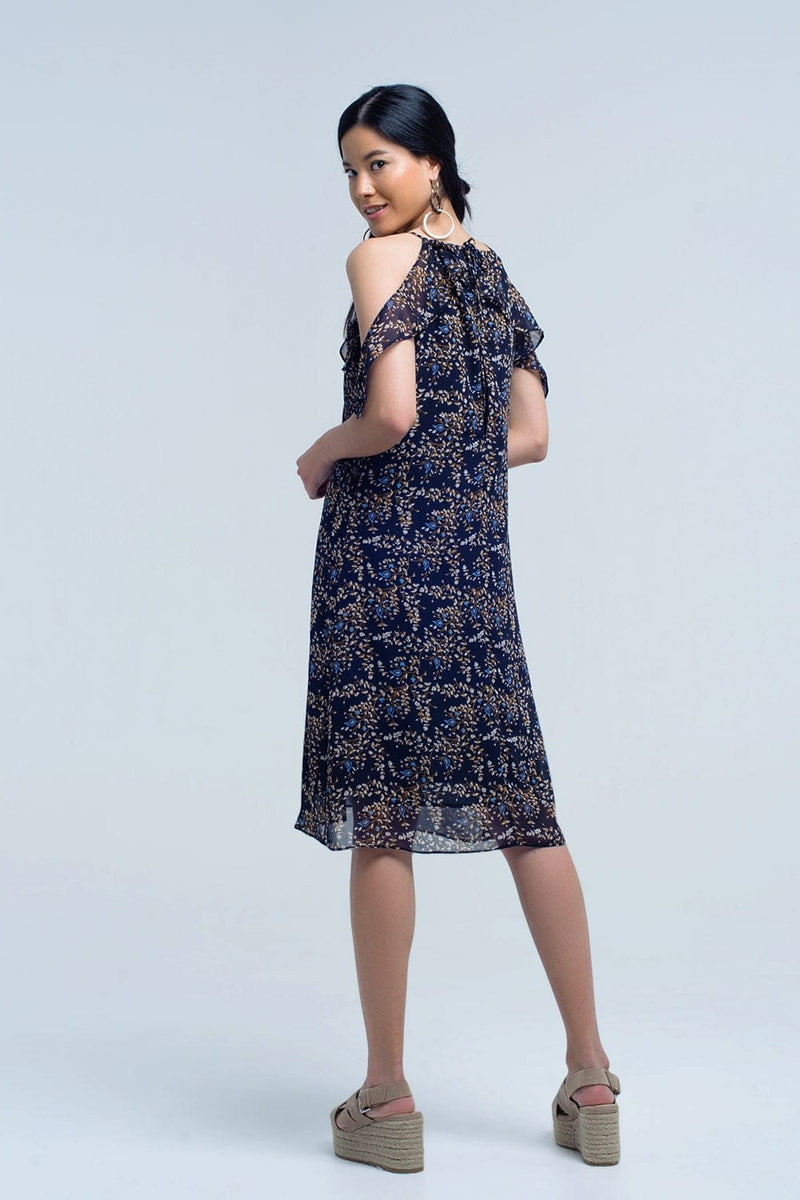 Q2 Dresses Navy blue dress with printed flowers and ruffles