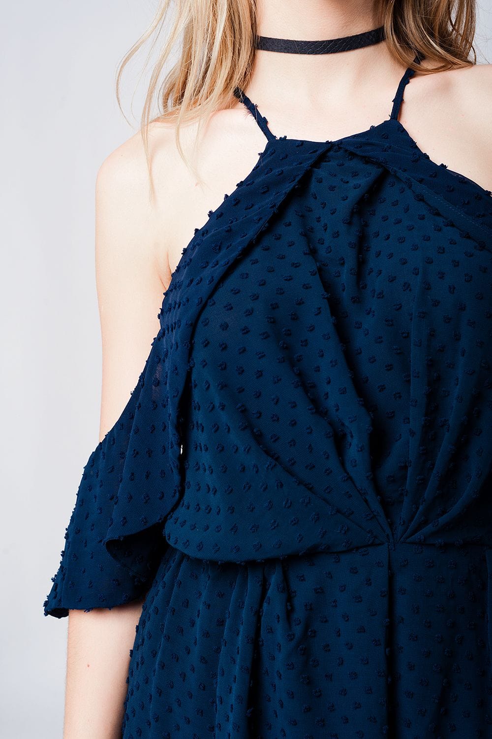 Q2 Dresses Navy plumeti cold-shoulder lightweight romper