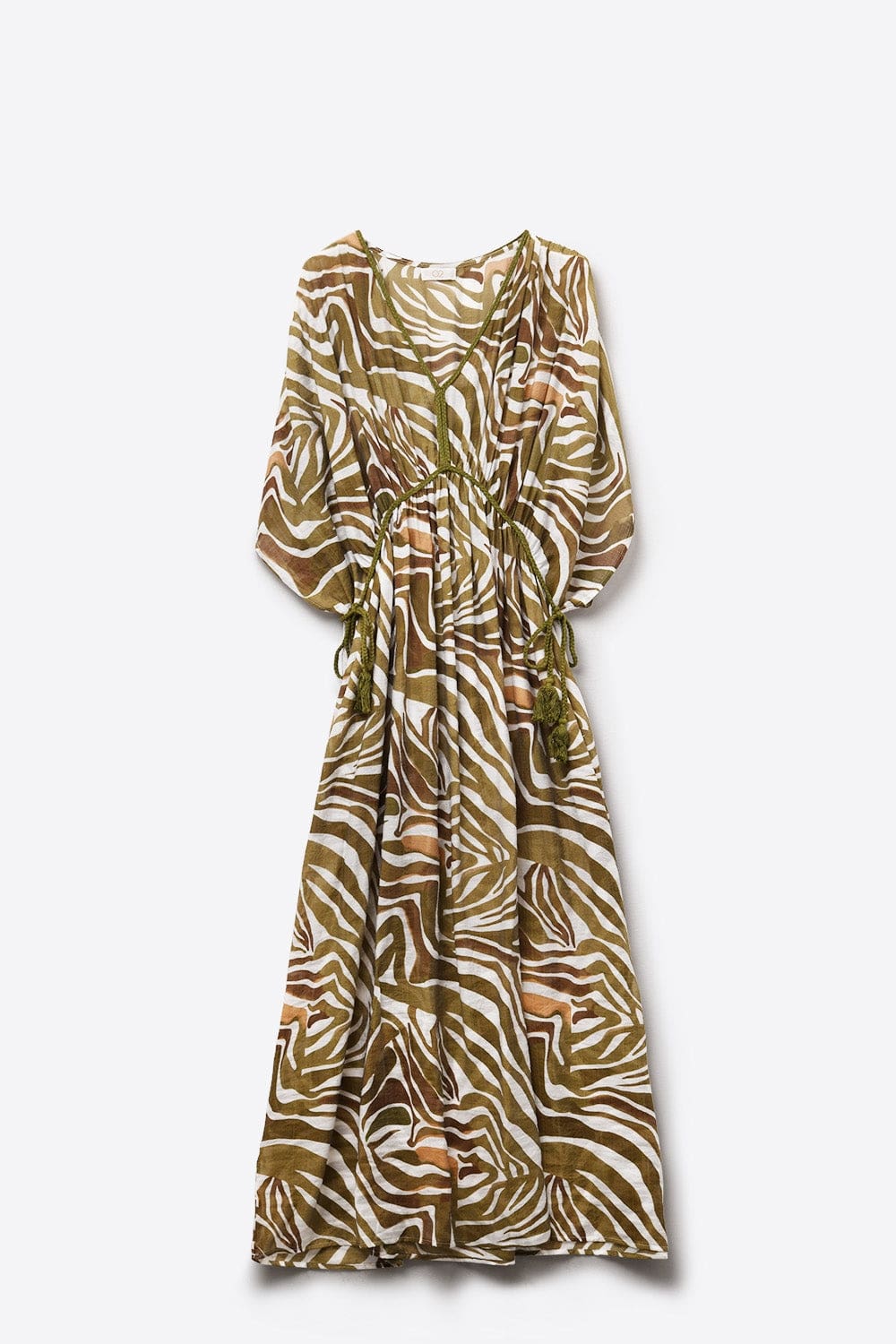 Q2 Dresses One Size / Green Flowy Chiffon Khaki Zebra Print Maxi Dress With Drawstring Waist