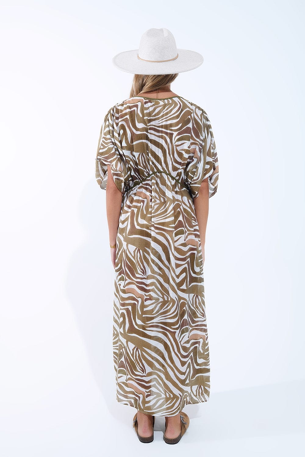 Q2 Dresses One Size / Green Flowy Chiffon Khaki Zebra Print Maxi Dress With Drawstring Waist