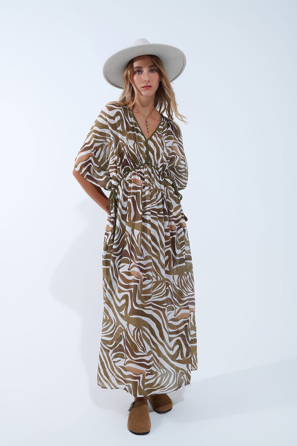 Q2 Dresses One Size / Green Flowy Chiffon Khaki Zebra Print Maxi Dress With Drawstring Waist