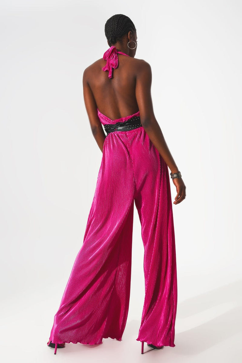 Q2 Dresses Satin halter neck pleated maxi jumpsuit in fuchsia