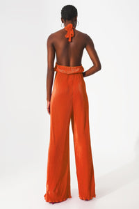 Q2 Dresses Satin halter neck pleated maxi jumpsuit in orange