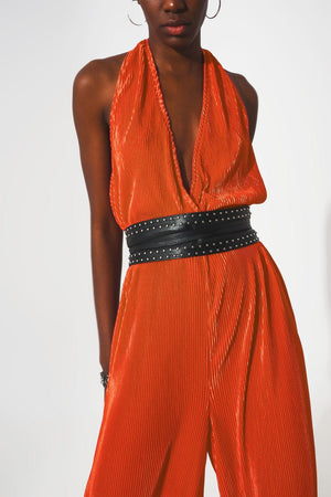 Q2 Dresses Satin halter neck pleated maxi jumpsuit in orange