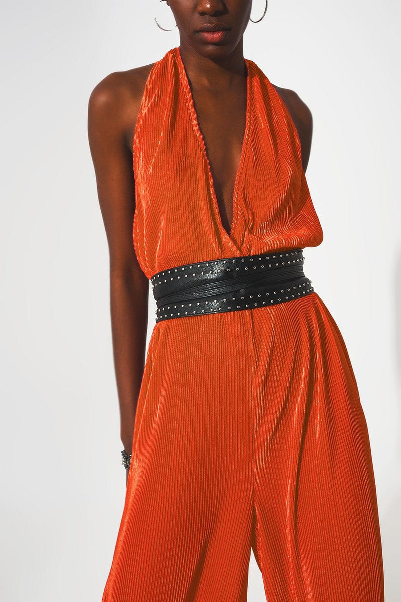 Q2 Dresses Satin halter neck pleated maxi jumpsuit in orange