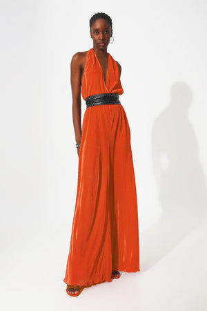 Q2 Dresses Satin halter neck pleated maxi jumpsuit in orange