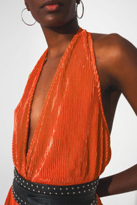 Q2 Dresses Satin halter neck pleated maxi jumpsuit in orange