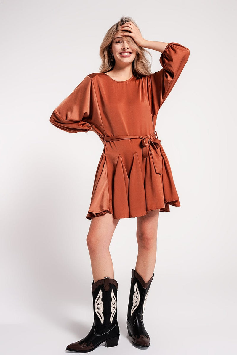 Q2 Dresses Satin mini dress with belt in orange